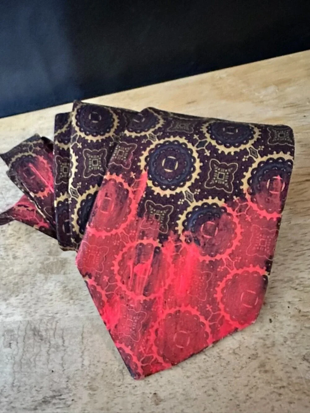 Chanel Silk Tie Mens Necktie Silk Medallion Red Brown Painterly Abstract Handmad